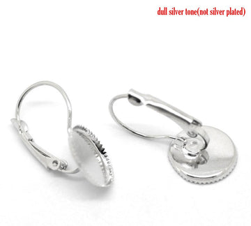 E047 - 10 pcs. Silver Tone Earring Clips Settings Lever Back Bezels Cabochons - 12mm Glue Pad Setting