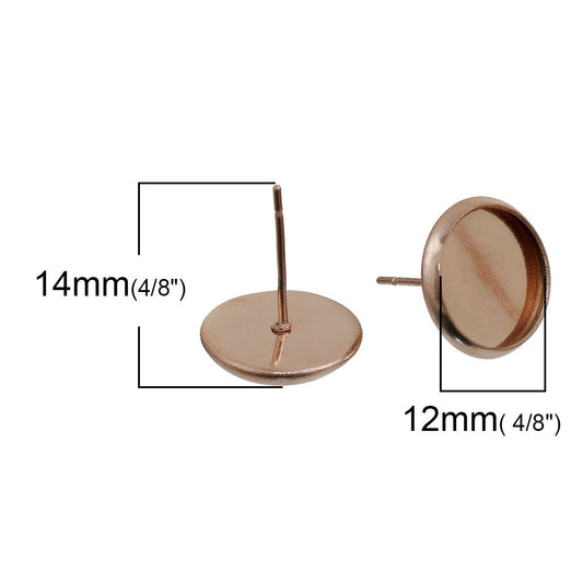 E065 - 10 pcs. Stainless Steel Rose Gold Plated Earring Posts Studs Settings Bezels Cabochons Tacks- 12mm Glue Pad Setting - With Stoppers!
