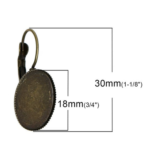 E288A - 10 pcs. Antique Bronze Oval Earring Clips Settings Lever Back Posts Bezels Cabochons - 18x13mm Glue Pad Setting - Made of Copper! 30x13mm