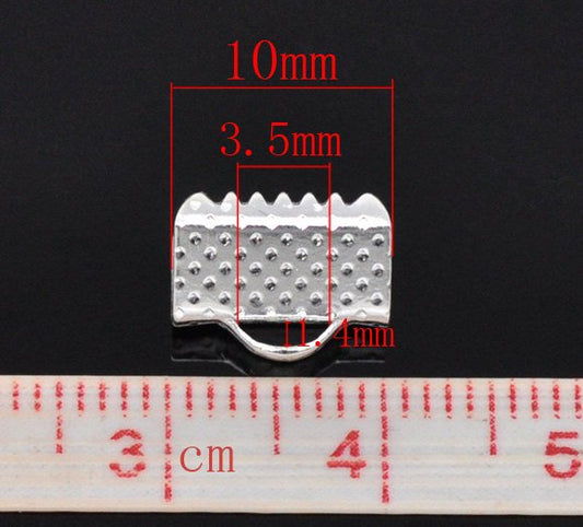 BA011A - 40 pcs. Silver Plated Textured Ribbon Crimp End Caps - 10mm x 8mm - Perfect for 3/8" (10mm) Ribbons and Cords!