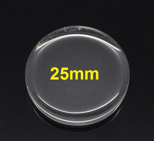 CA348 - 10 pcs. Circle Clear Round Glass Dome Seals Tiles - 25mm (1 in) - 4.8mm Thick - Flat Top