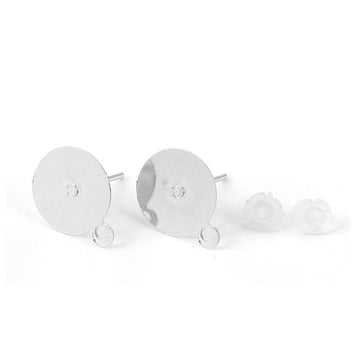 E137 - 50 pieces (25 pairs) Silver Tone Earring Posts/Bases/Studs/Settings with Loop and Rubber Backs - 12mm x 10mm - 10mm Glue Pad Diameter