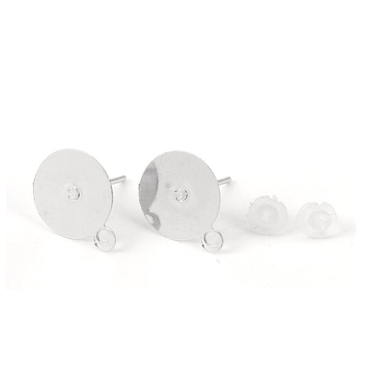 E137 - 50 pieces (25 pairs) Silver Tone Earring Posts/Bases/Studs/Settings with Loop and Rubber Backs - 12mm x 10mm - 10mm Glue Pad Diameter