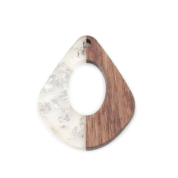 MP0038 - 4 pcs. Silver Foil and Clear Resin and Wood Teardrop Flat Pendant - 33mm x 28mm - (1.3" x 1.1") - MEDIUM