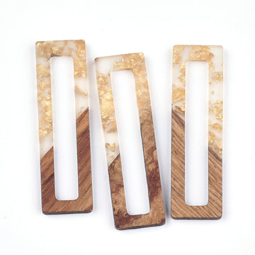 P128 - 4 pcs. Clear and Gold Foil Resin and Wood Rectangle Flat Pendant - 61mm x 17mm - (2.4" x 0.7")