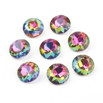 CA494 - 10 pcs Glass Vitrail Iridescent Multicolor Faceted Rhinestone Cabochons - Plated Pointed Back - Grade A - 8mm