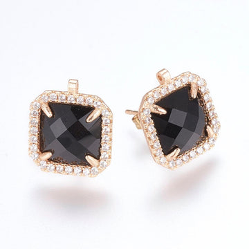 E955 - 2 pcs. Gold Brass Square Earring Posts with Loop - Black Faceted Cubic Zirconia (CZ) - 17mm - Hole: 0.5mm