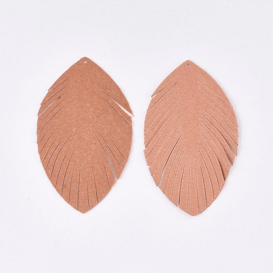 P413 - Brown REAL Leather Pigskin Dangle Pendants - Leaves - 80mm (3.15") - Great for Earrings or Dangles!