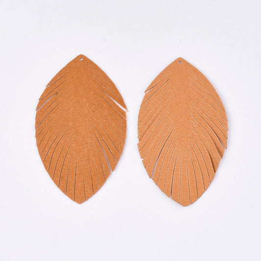 P349 - Orange REAL Leather Pigskin Dangle Pendants - Leaves - 80mm (3.15") - Great for Earrings or Dangles!