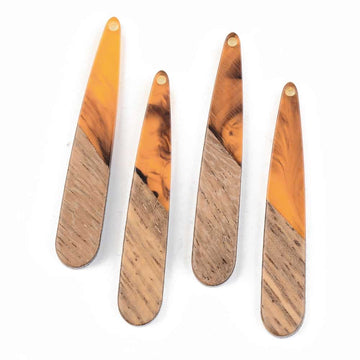 MP0037 - 4 pcs. Yellow Orange and Brown - Resin and Wood Teardrop Flat Pendant - 44mm x 8mm - (1.73" x 0.32") - Great for Earrings and Necklaces!