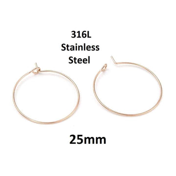 W038 - 10 pcs. 316L Surgical Stainless Steel Rose Gold Wine Charm / Earwire Hoop Rings - 25mm - 20 Gauge (0.8mm Thick)