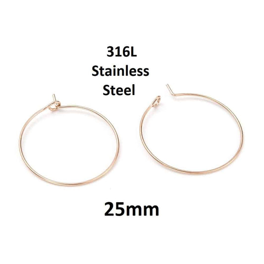 W038 - 10 pcs. 316L Surgical Stainless Steel Rose Gold Wine Charm / Earwire Hoop Rings - 25mm - 20 Gauge (0.8mm Thick)