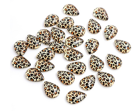 GT006 - 10 pcs Teardrop Leopard Glass Dome Seals Tiles Cabochons - 25mm x 18mm - Yellow