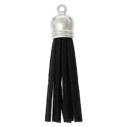 P456 - 10 pcs. Black Faux Suede Tassel Dangle Charms Pendants - Silver Tone - 6cm (2 3/8") x 1.2cm (1/2") - Great for Dangles