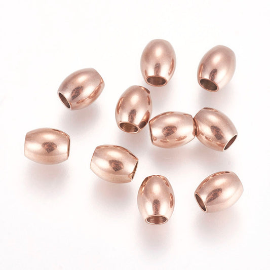 BD389 - 5 pcs. - Stainless Steel Rose Gold Plated Oval Barrel Spacer Beads - 7mm x 6mm - Hole Size: 3mm - Tarnish Resistant