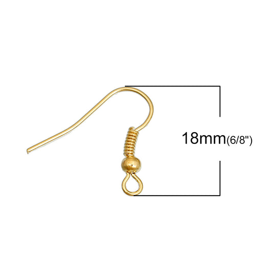 E433 - 200 pcs Gold Plated Earring Hooks with Spring and Ball - 18mm x 19mm - Fish Hooks - Parallel Loop