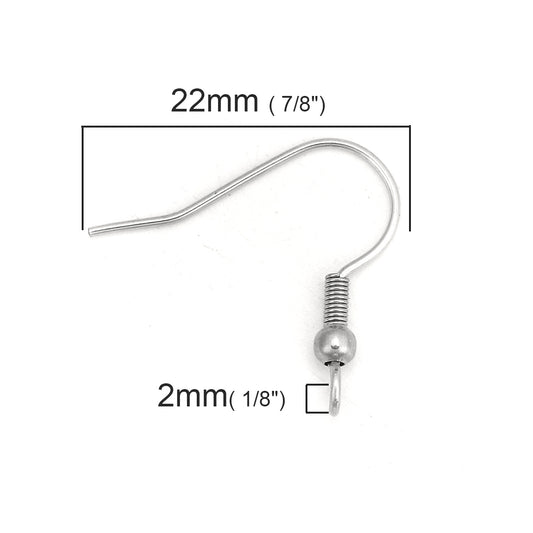 E083B - 1000 pcs 304 Stainless Steel Silver Tone Earring Hooks with Spring and Ball - 22mm x 20mm - Hole Size: 2mm - Perpendicular Loop