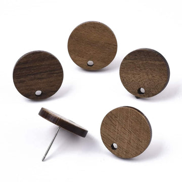 E815B - 100 pcs. 304 Stainless Steel Earring Posts Studs Settings Cabochons Tacks - 15mm Diameter - Wood - Brown - Thin Frame