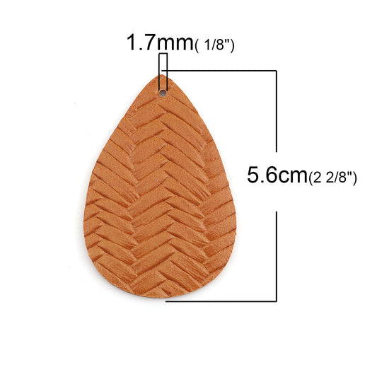 P601 - 10 pcs Orange Faux Leather Dangle Pendants - Teardrop Braided Weave - 56mm (2.2") - Great for Light Earrings and Dangles! Double-Sided