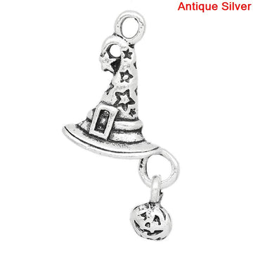 P180 - 20 pcs. Antique Silver Wizard Witch Hat Pumpkin Halloween Dangle Charms Pendants - 26mm x 14mm