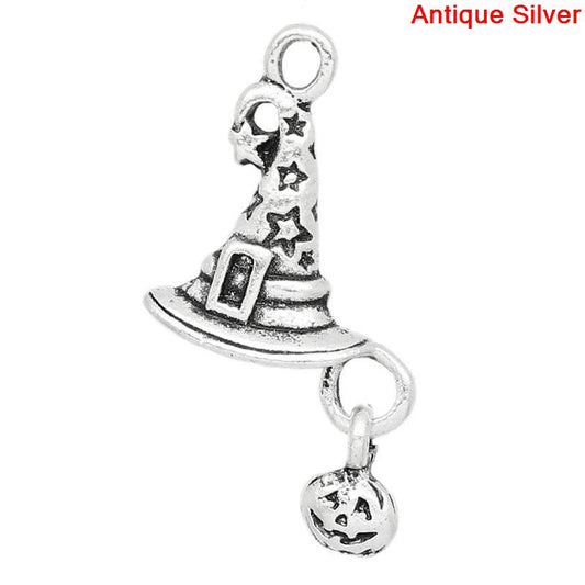 P180 - 20 pcs. Antique Silver Wizard Witch Hat Pumpkin Halloween Dangle Charms Pendants - 26mm x 14mm