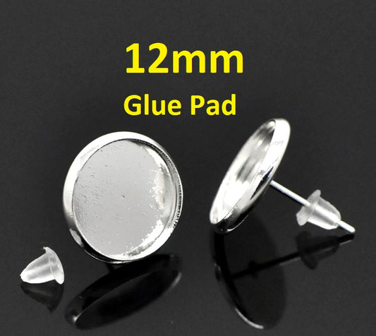 E111 - 50 pcs. Silver Plated Earring Posts Studs Settings Bezels Cabochons Tacks- 12mm Glue Pad Setting