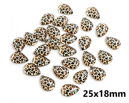 GT006 - 10 pcs Teardrop Leopard Glass Dome Seals Tiles Cabochons - 25mm x 18mm - Yellow