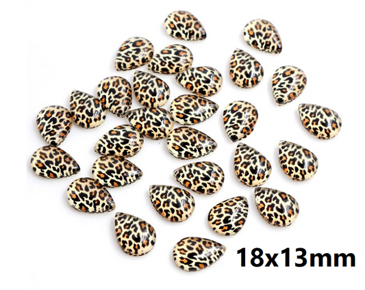 GT005 - 10 pcs Teardrop Leopard Glass Dome Seals Tiles Cabochons - 18mm x 13mm - Yellow