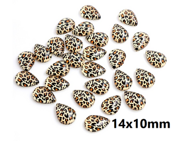 GT004 - 10 pcs Teardrop Leopard Glass Dome Seals Tiles Cabochons - 14mm x 10mm - Yellow