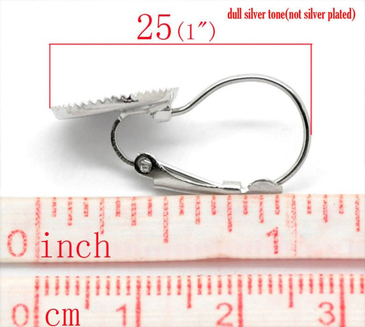 E047 - 10 pcs. Silver Tone Earring Clips Settings Lever Back Bezels Cabochons - 12mm Glue Pad Setting