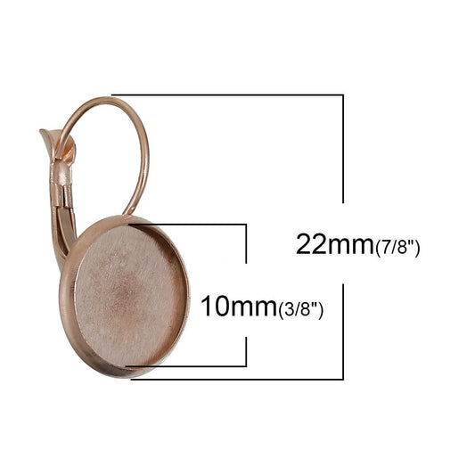 E104 - 2 pcs. (1 pair) Stainless Steel Rose Gold Plated Earring Clips Settings Lever Back Bezels Cabochons - 10mm Glue Pad Setting