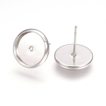 E125 - 10 pcs. Silver Tone Earring Posts Studs Settings Bezels Cabochons Tacks - 10mm Glue Pad Setting - Includes Rubber Backs!