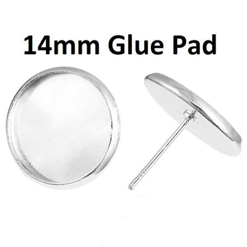 20 pcs. Silver Plated Earring Posts Studs Settings Bezels Cabochons Tacks- 14mm Glue Pad Setting