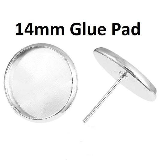 20 pcs. Silver Plated Earring Posts Studs Settings Bezels Cabochons Tacks- 14mm Glue Pad Setting