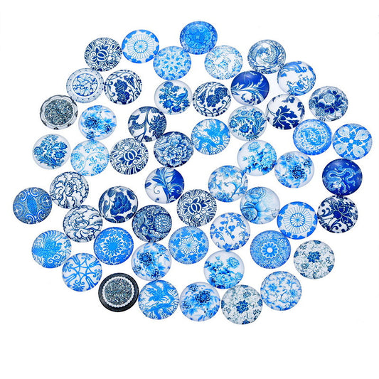 CA349 - 10 pcs Circle White Blue Flower Glass Round Dome Seals Tiles Cabochons - 12mm - Assortment of Designs - Porcelain Pattern