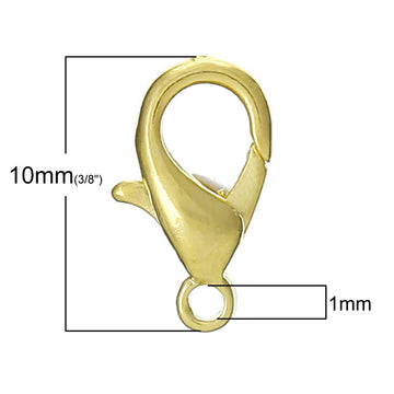 CL070 - 100 pcs. Gold Plated Lobster Clasps - 10mm X 6mm - 3mm Thick - Claw Clasps