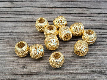 BD411 - 5 pcs Gold Plated Carved Filigree METAL Ball Spacer Beads - 10mm - Large Hole: 4.8mm - Fits Paracord and European Beads!