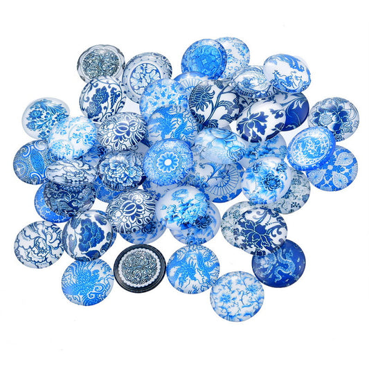 CA349 - 10 pcs Circle White Blue Flower Glass Round Dome Seals Tiles Cabochons - 12mm - Assortment of Designs - Porcelain Pattern
