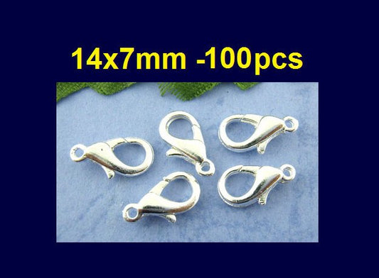 CL071 - 100 pcs. Silver Plated Lobster Clasps - 14mm X 7mm - Claw Clasps