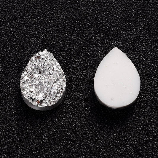 CA351 - 10 pcs Druzy Resin Embellishment Cabochons Silver - 14x10mm - Teardrop - 14mm x 10mm