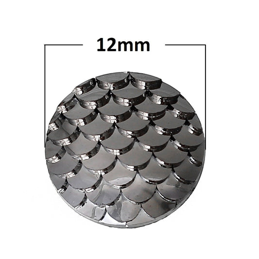 CA011A - 10 pcs Mermaid Fish Scales Resin Carved Embellishment Cabochons Dark Grey Gray Silver Black Gunmetal - 12mm