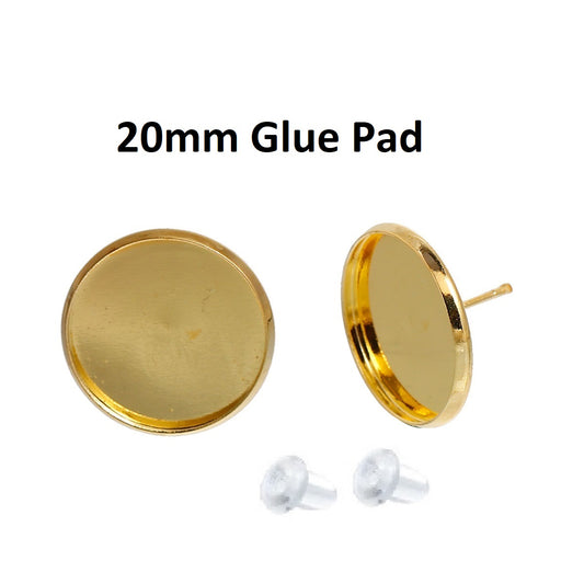 E612 - 10 pcs. Gold Plated Earring Posts Studs Settings Bezels Cabochons Tacks- 20mm Glue Pad Setting - With Rubber Stoppers!