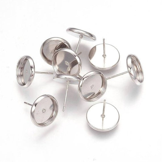 E125 - 10 pcs. Silver Tone Earring Posts Studs Settings Bezels Cabochons Tacks - 10mm Glue Pad Setting - Includes Rubber Backs!