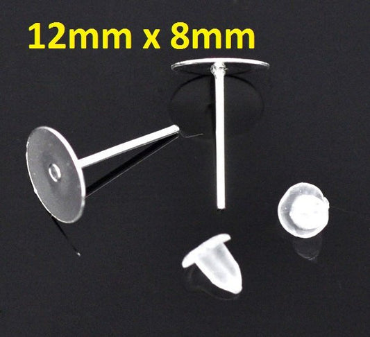 E136 - 500 pieces (250 pairs) Silver Plated Earring Posts/Bases/Studs/Settings with Rubber Backs - 12mm x 8mm