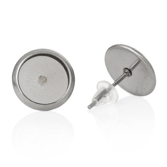 E175 - 10 pcs. 304 Stainless Steel Earring Posts Studs Settings Bezels Cabochons Tacks - 8mm Glue Pad Setting