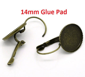 E044A - 20 pcs. Antique Bronze Earring Clips Settings Lever Back Bezels Cabochons - 14mm Glue Pad Setting