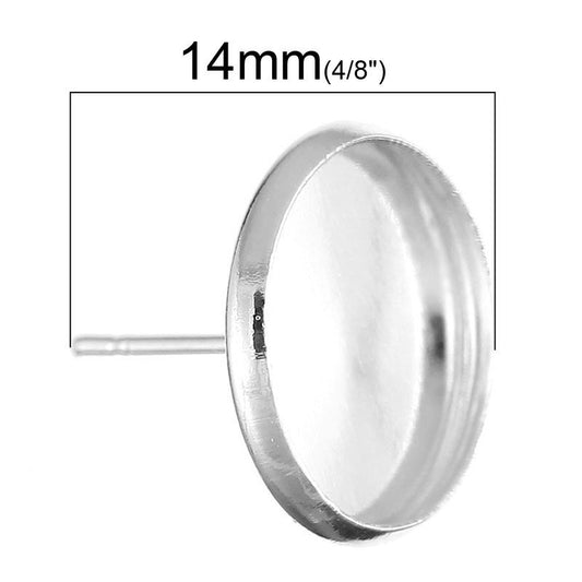 20 pcs. Silver Plated Earring Posts Studs Settings Bezels Cabochons Tacks- 14mm Glue Pad Setting