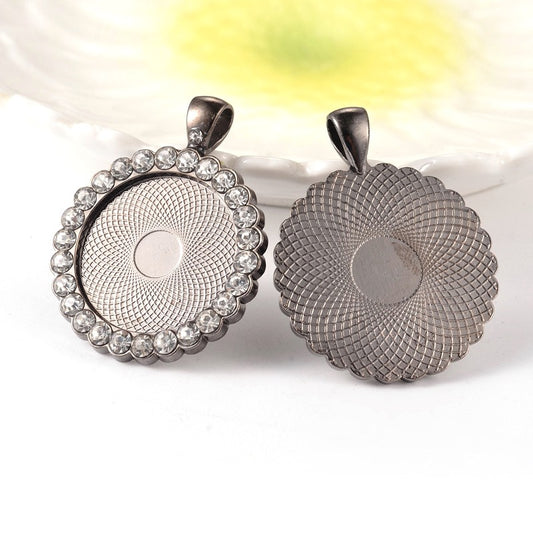 P541 - 2 pcs. Gunmetal Rhinestone Pendant Trays Circle Posts Settings Bezels Cabochons - 25mm Glue Pad Setting (1 inch)