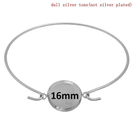 B042 - 5 pcs. Silver Tone Bangle Bezel Cabochon Bracelets - 21.5cm - 16mm Glue Pad - Made of Copper!