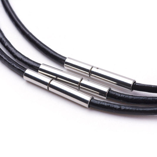 N001 - 2 pcs. Black Cowhide Cord Necklaces - 15.7 inch (40cm) - 304 Stainless Steel Twist Clasps